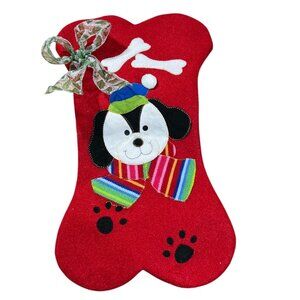 Dog Bone-Shaped Christmas Stocking With Cute Dog Appliqué & Bow
